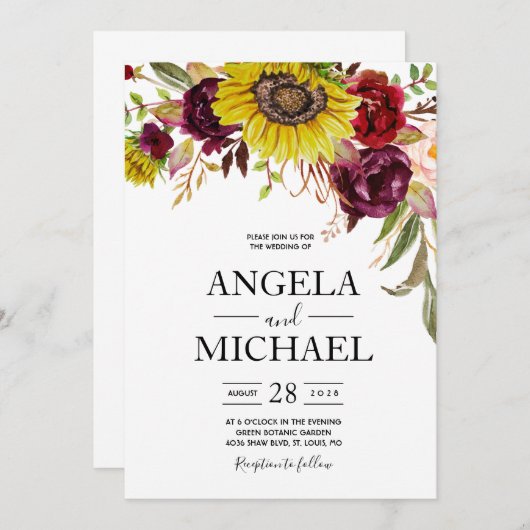 Sunflower Burgundy Red Blush Peony Roos Kaart (Voorkant / Achterkant)