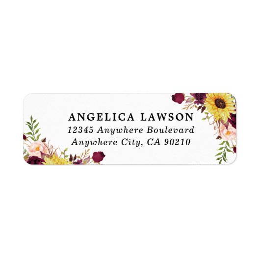 Sunflower Burgundy Red Blush Peony Roos Weddenscha Etiket (Voorkant)