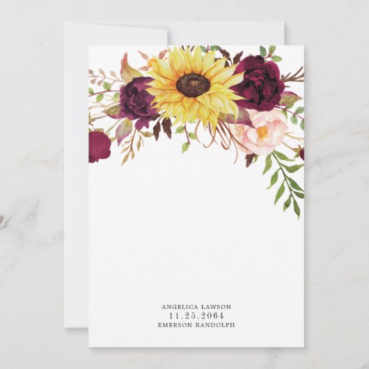 Sunflower Burgundy Red Blush Peony Roos Weddenscha Kaart (Achterkant)