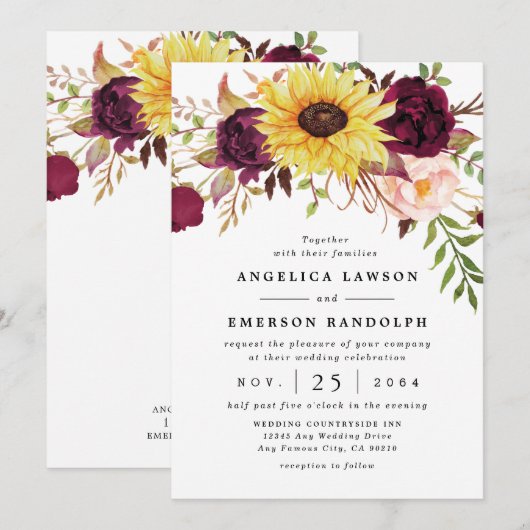 Sunflower Burgundy Red Blush Peony Roos Weddenscha Kaart (Voorkant / Achterkant)