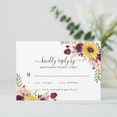 Sunflower Burgundy Red Blush Peony Roos Weddenscha RSVP Kaartje (Staand voorkant)