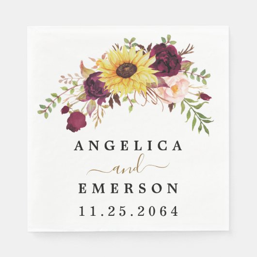 Sunflower Burgundy Red Blush Peony Roos Weddenscha Servet (Voorkant)