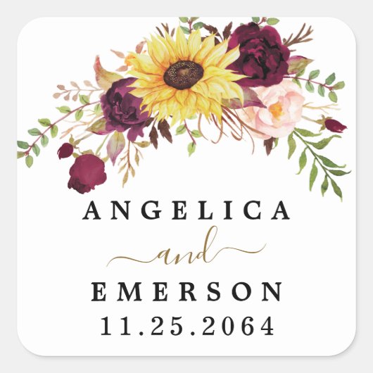 Sunflower Burgundy Red Blush Peony Roos Weddenscha Vierkante Sticker (Voorkant)