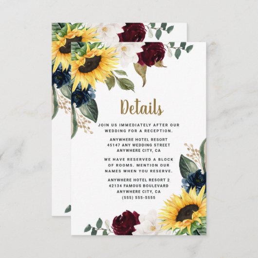 Sunflower Burgundy Red en Navy Blue Rozen Weddensc Informatiekaartje (Voorkant / Achterkant)