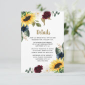 Sunflower Burgundy Red en Navy Blue Rozen Weddensc Informatiekaartje (Staand voorkant)