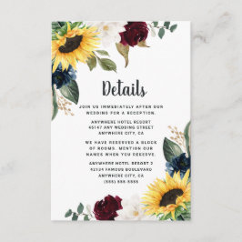 Sunflower Burgundy Red en Navy Blue Rozen Weddensc Informatiekaartje