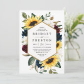 Sunflower Burgundy Red en Navy Blue Rozen Weddensc Kaart (Staand voorkant)