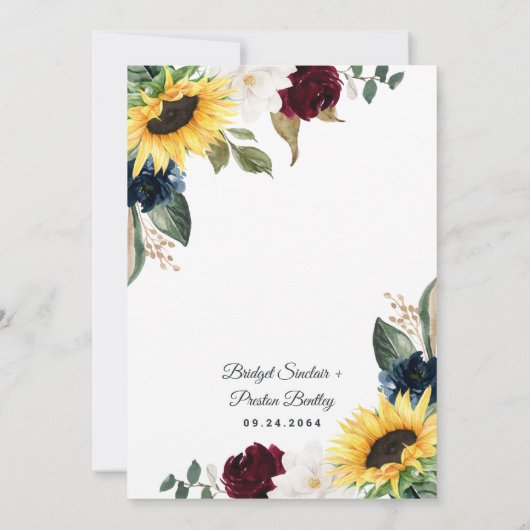 Sunflower Burgundy Red en Navy Blue Rozen Weddensc Kaart (Achterkant)