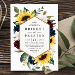Sunflower Burgundy Red en Navy Blue Rozen Weddensc Kaart<br><div class="desc">Het ontwerp is voorzien van elegante waterverf zonnebloemen,  bruine rode en marinblauw rozen,  witte magnolia en diverse soorten groen met een gekleurd lijst met een gouden kleur. Het ontwerp kenmerkt ook een moderne typografische lay-out. De achterkant van het ontwerp is uitgerust met elementen die overeenkomen met de voorkant.</div>