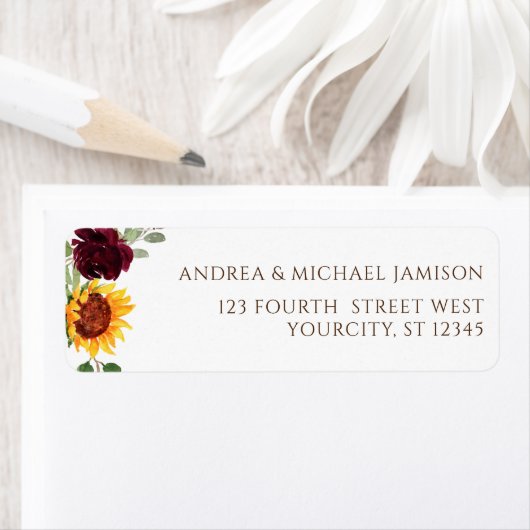 Sunflower Burgundy Red Roses Fall Weduwadres Etiket (Insitu)