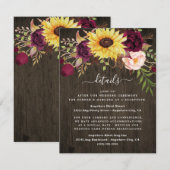 Sunflower Burgundy Red Roses Rustic Wood Weddensch Informatiekaartje (Voorkant / Achterkant)