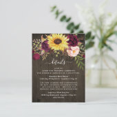 Sunflower Burgundy Red Roses Rustic Wood Weddensch Informatiekaartje (Staand voorkant)