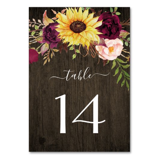 Sunflower Burgundy Red Roses Rustic Wood Weddensch Kaart (Achterkant)