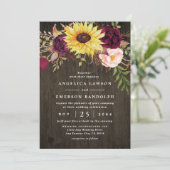 Sunflower Burgundy Red Roses Rustic Wood Weddensch Kaart (Staand voorkant)