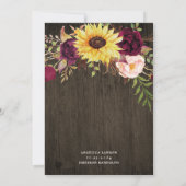 Sunflower Burgundy Red Roses Rustic Wood Weddensch Kaart (Achterkant)