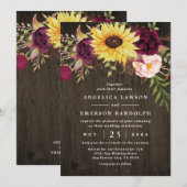 Sunflower Burgundy Red Roses Rustic Wood Weddensch Kaart (Voorkant / Achterkant)