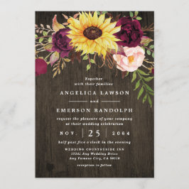 Sunflower Burgundy Red Roses Rustic Wood Weddensch Kaart