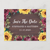 Sunflower Burgundy Roos Border Wood Save the Date Aankondigingskaart (Voorkant)