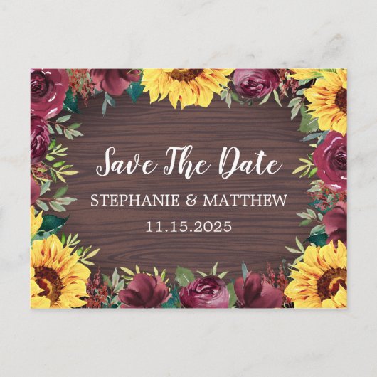 Sunflower Burgundy Roos Border Wood Save the Date Aankondigingskaart (Voorkant)