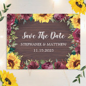 Sunflower Burgundy Roos Border Wood Save the Date Aankondigingskaart