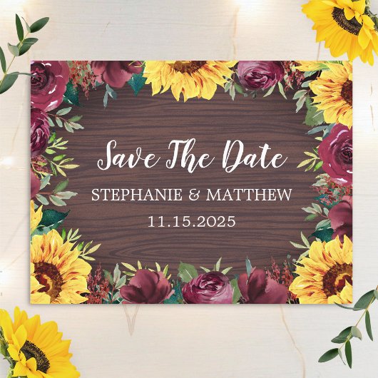 Sunflower Burgundy Roos Border Wood Save the Date Aankondigingskaart
