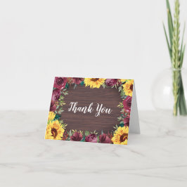 Sunflower Burgundy Roos Border Wood Weddenschap Bedankkaart