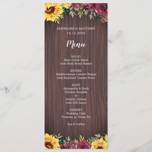 Sunflower Burgundy Roos Border Wood Weddenschap Menu (Voorkant)