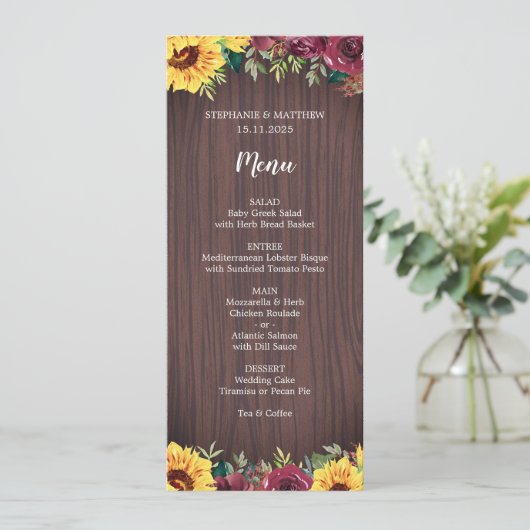 Sunflower Burgundy Roos Border Wood Weddenschap Menu (Staand voorkant)