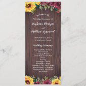Sunflower Burgundy Roos Border Wood Weddenschap Programmakaart (Voorkant)