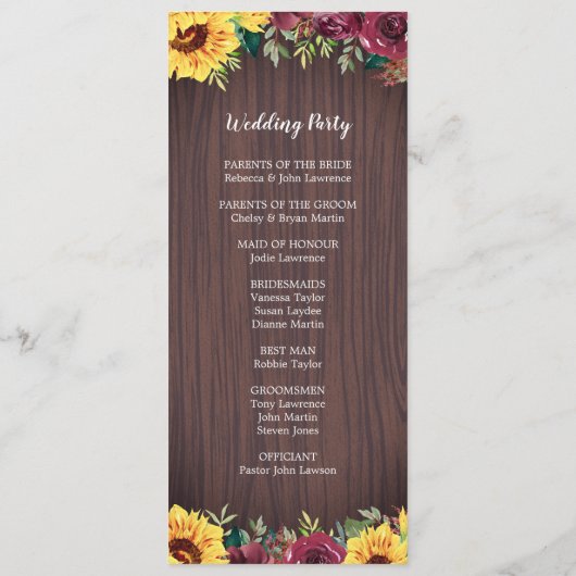 Sunflower Burgundy Roos Border Wood Weddenschap Programmakaart (Achterkant)