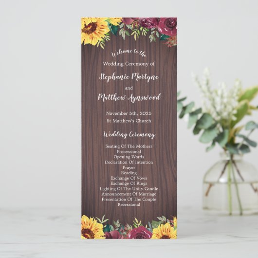 Sunflower Burgundy Roos Border Wood Weddenschap Programmakaart (Staand voorkant)