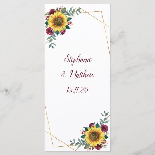 Sunflower Burgundy Roos Geometric Wedding Menu (Achterkant)