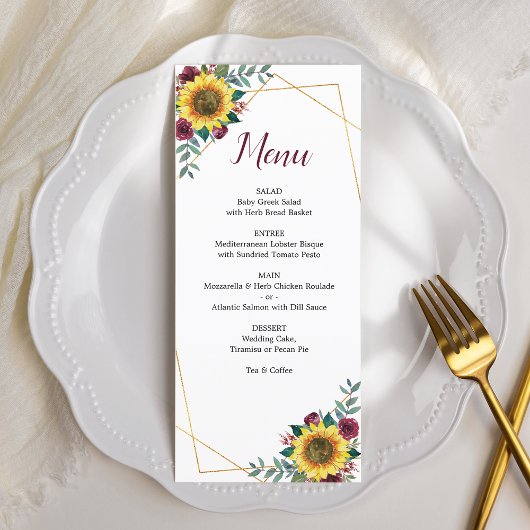 Sunflower Burgundy Roos Geometric Wedding Menu