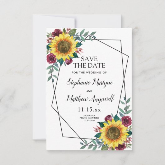 Sunflower Burgundy Roos Geometric Wedding Save The Date (Voorkant)