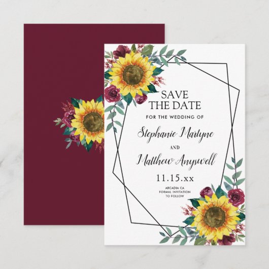 Sunflower Burgundy Roos Geometric Wedding Save The Date (Voorkant / Achterkant)
