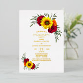 Sunflower Burgundy Roos Gold Text Engagement Party Folie Uitnodiging (Staand Voorkant)