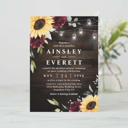 Sunflower Burgundy Roos Mason Jar Thed Wedding Kaart (Staand voorkant)