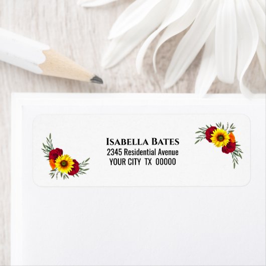 Sunflower Burgundy Roos Return Address Etiket (Insitu)