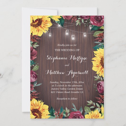 Sunflower Burgundy Roos Wood Jar Lights Weddenscha Kaart (Voorkant)