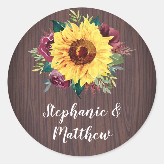 Sunflower Burgundy Roos Wood Weddenschap Ronde Sticker (Voorkant)