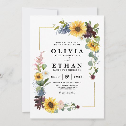 Sunflower Burgundy Rozen Blue Rustic Kaart (Voorkant)