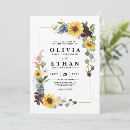 Sunflower Burgundy Rozen Blue Rustic Kaart (Staand voorkant)