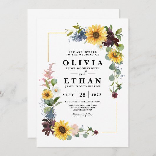 Sunflower Burgundy Rozen Blue Rustic Kaart (Voorkant / Achterkant)