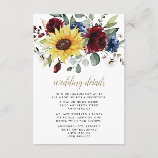 Sunflower Burgundy Rozen Navy Blue Rustic Wedding Informatiekaartje (Voorkant)