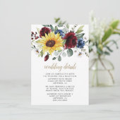 Sunflower Burgundy Rozen Navy Blue Rustic Wedding Informatiekaartje (Staand voorkant)