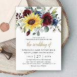 Sunflower Burgundy Rozen Navy Blue Rustic Wedding Kaart<br><div class="desc">Het ontwerp is voorzien van een elegant boeket van waterverf zonnebloemen,  pony-rozen,  eucalyptus,  groen en nog veel meer met een unieke typografische indeling in middelgrote zwarte en gekleurde gouden tekst. U kunt de kleurtekst,  lettertypen en meer wijzigen.</div>