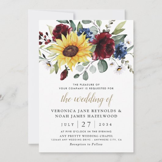 Sunflower Burgundy Rozen Navy Blue Rustic Wedding Kaart (Voorkant)