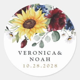 Sunflower Burgundy Rozen Navy Blue Rustic Wedding Ronde Sticker
