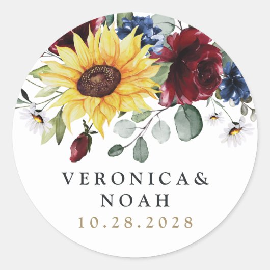 Sunflower Burgundy Rozen Navy Blue Rustic Wedding Ronde Sticker (Voorkant)