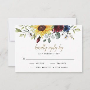 Sunflower Burgundy Rozen Navy Blue Rustic Wedding RSVP Kaartje